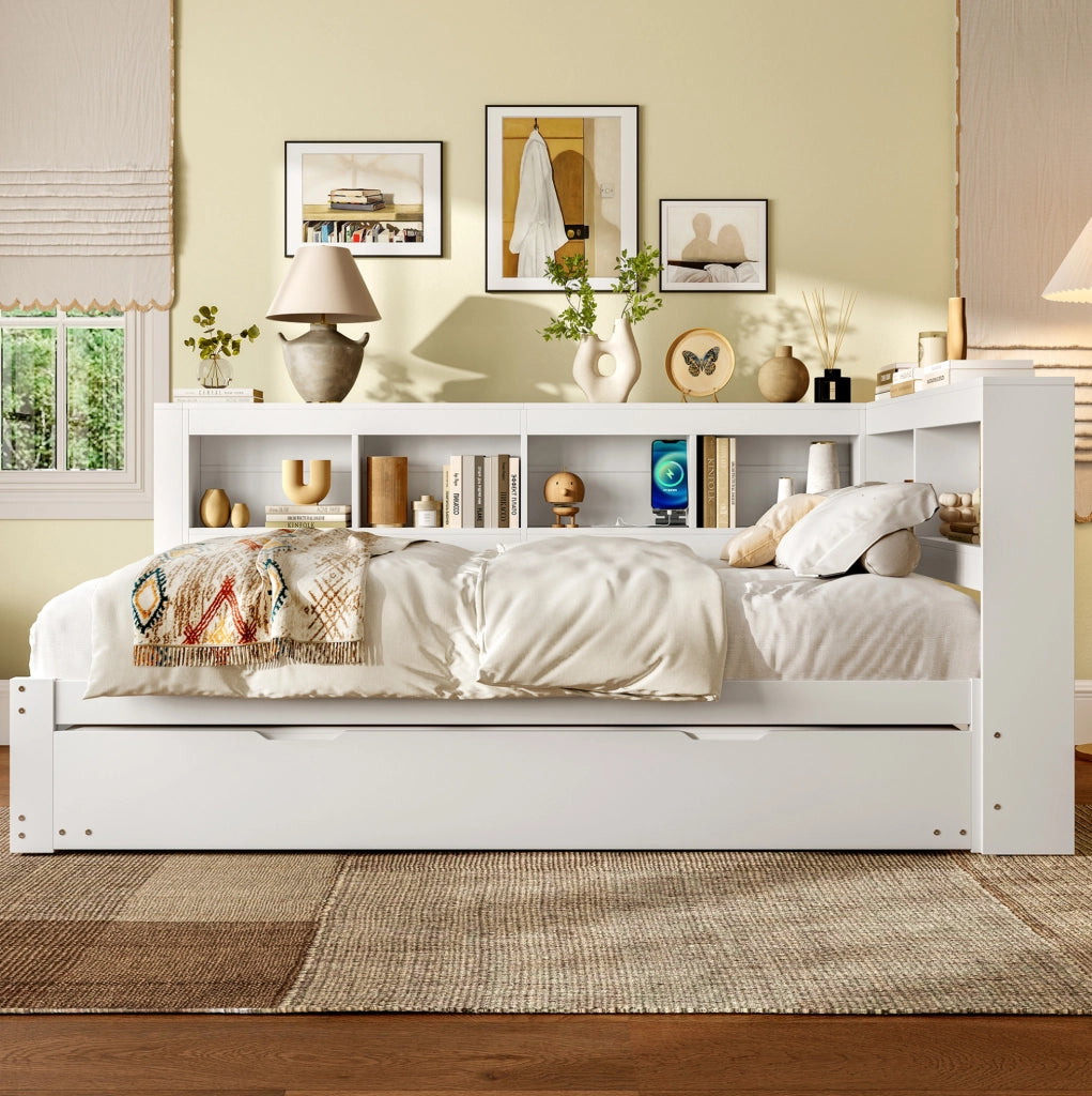 Divano letto 140x200 cm con letto estraibile; prese e 2 porte USB in MDF e pino bianco