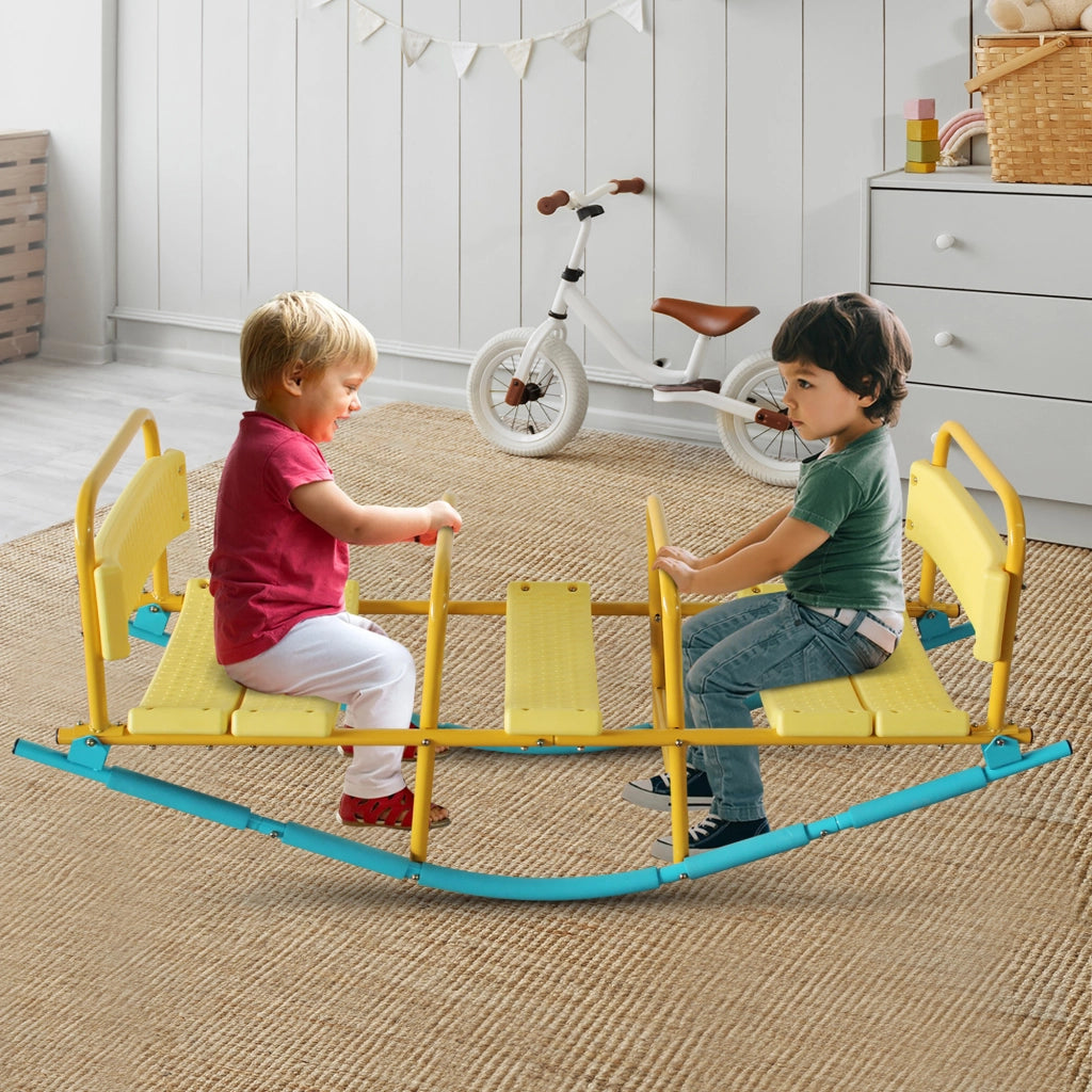 Altalena Basculante per Bambini 3 Posti 132;99 cm in Acciaio e Plastica; Blu e Gialla