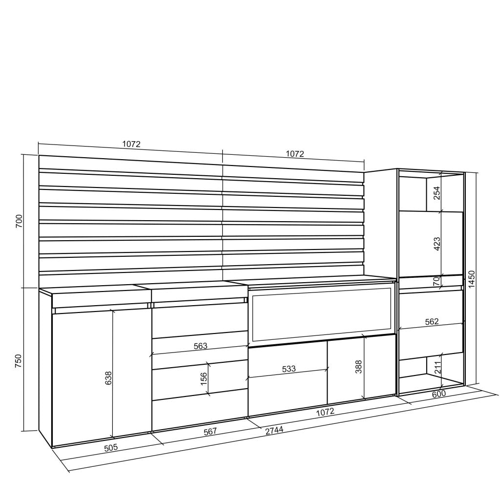 Credenza, 274x35x145cm, Camera da letto, Camino elettrico XXL, Cassettiera, Scarpiera, Bianco RF3388