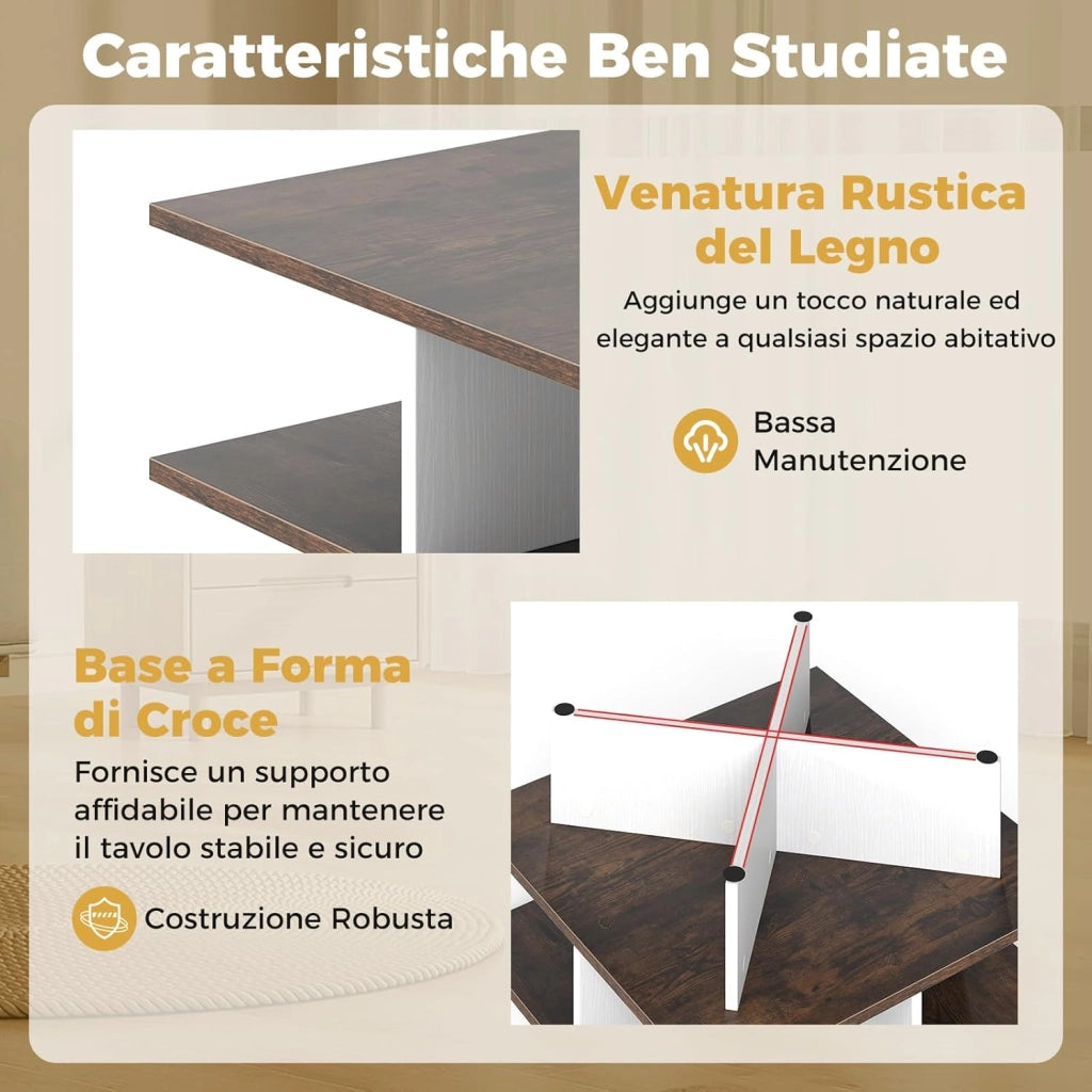 Tavolino da Caffè a 2 Livelli, Tavolo da Salotto con 4 Scomparti per Storage e Base a Croce, Tavolo Moderno per Studio, Ufficio e Soggiorno, Marrone e Bianco