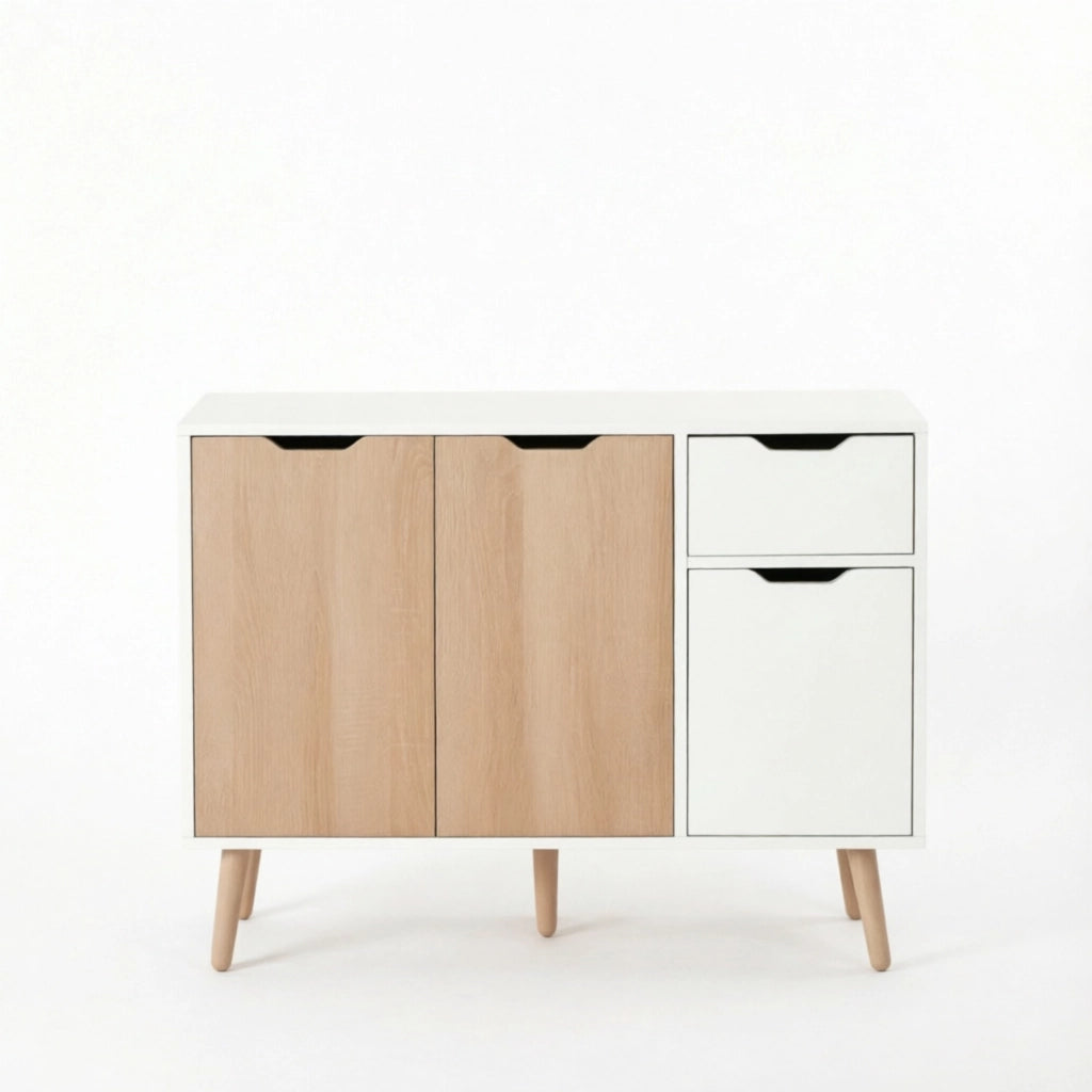 Credenza di design scandinavo, credenza con cassetti e ante, mobile da ingresso, cassettiera