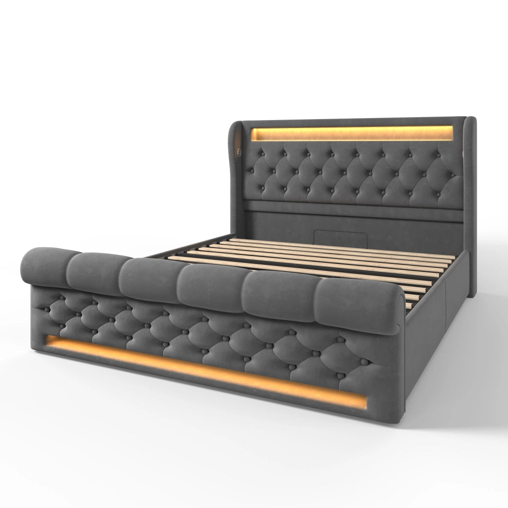 Letti contenitori 140x190 cm; LED integrato; ricarica USB e Type C; velluto; grigio (Senza materasso)