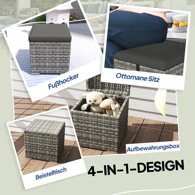 Set di 2 sgabelli effetto rattan con vano contenitore e cuscini realizzati in rattan grigio scuro.