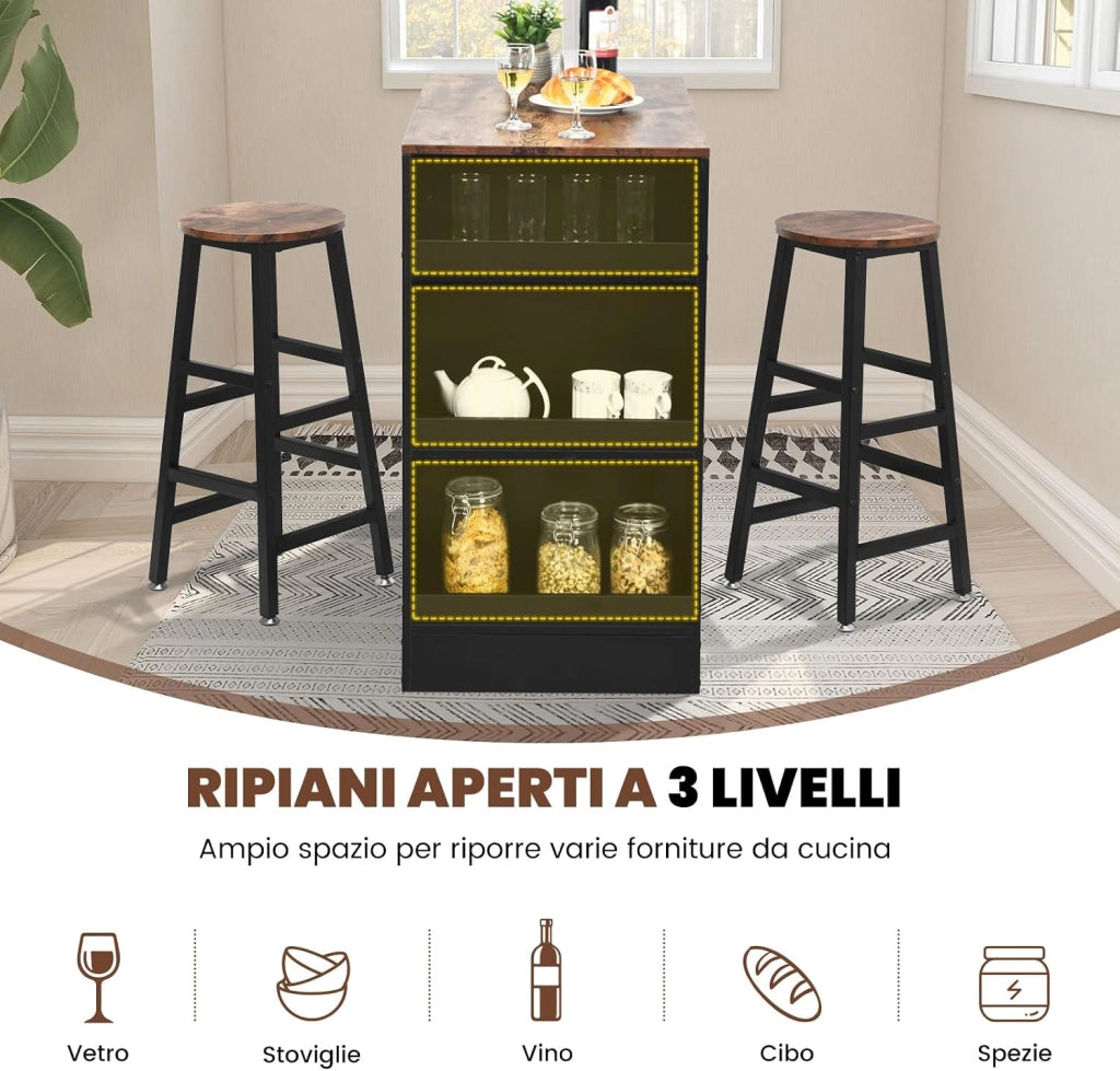 Set di Tavolo e 2 Sgabelli da Bar con Struttura in Legno e Metallo | Tavolo da Pranzo e Colazione a 3 Ripiani per Sala da Pranzo e Cucina, Marrone Rustico