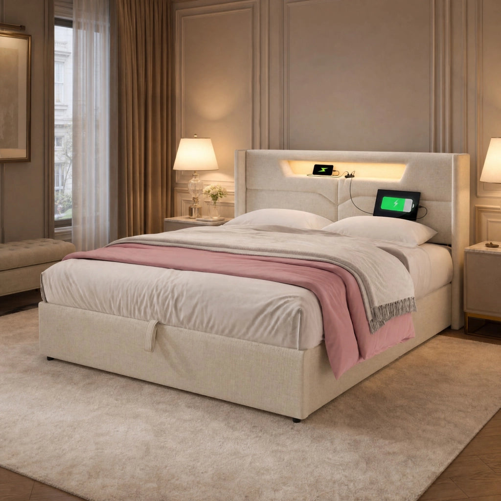 Letto matrimoniale contenitore 160x200 cm con LED; USB e USB-C in tessuto beige