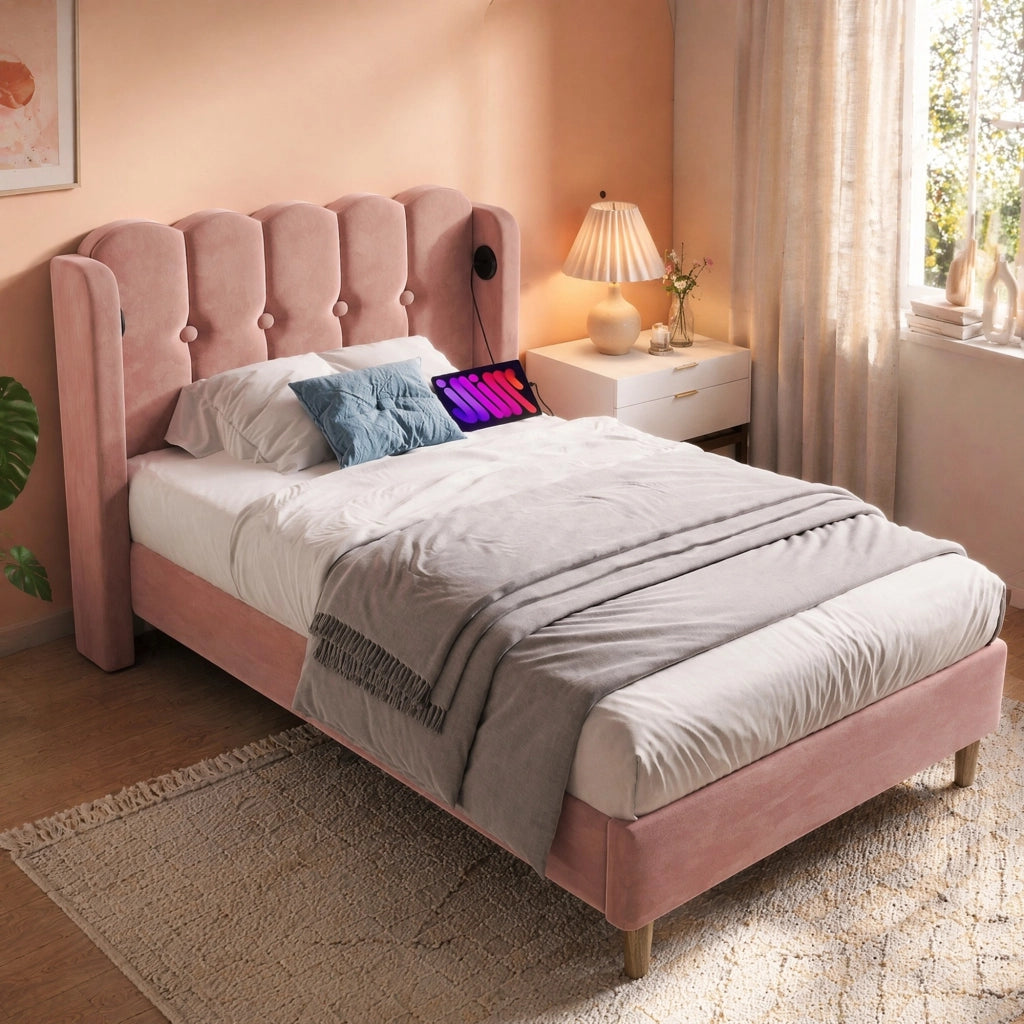 Letto singolo imbottito 90x200 cm in velluto rosa con testiera pannellata, USB e Tipo-C