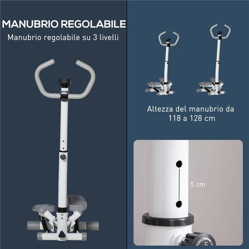 STEPPER CON MONITOR LCD, MANUBRIO REGOLABILE ED ELASTICI, IN ACCIAIO E ABS, BIANCO E GRIGIO
