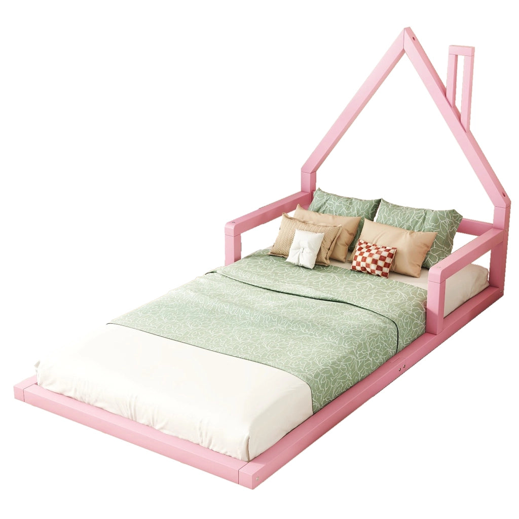 Letto a forma di casa per bambini rosa in legno massello di pino 90x200 cm