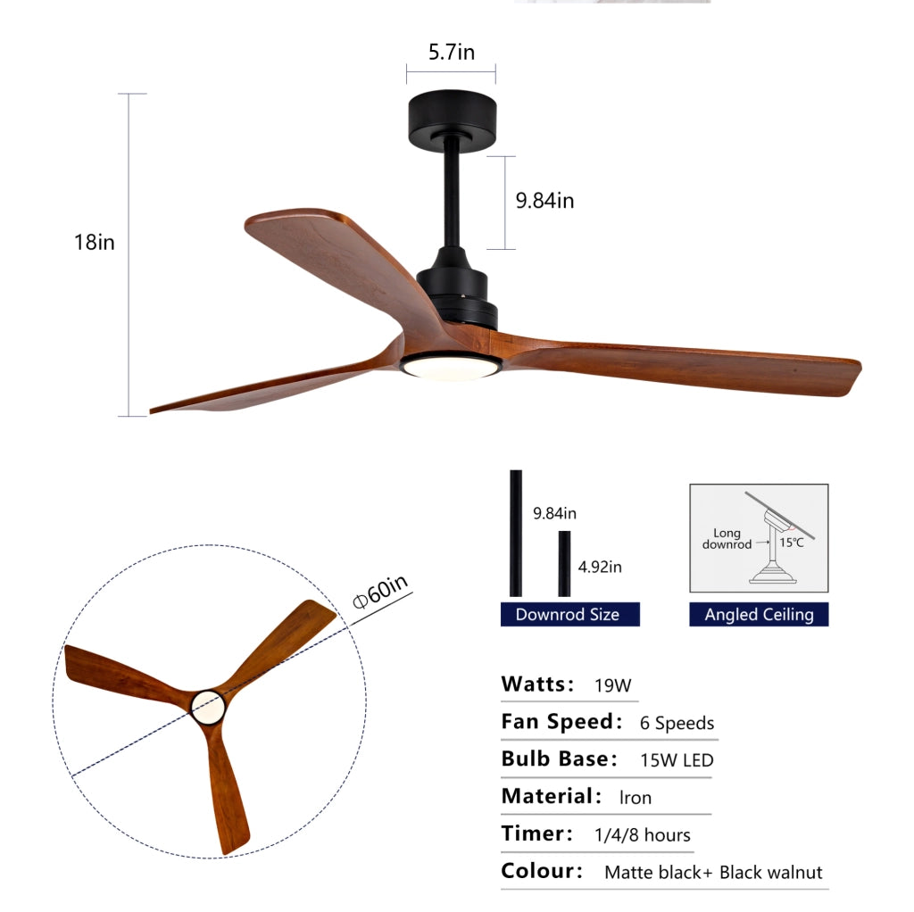 Ventilatore da soffitto con luce LED e telecomando; 152 cm; legno e metallo; noce e nero