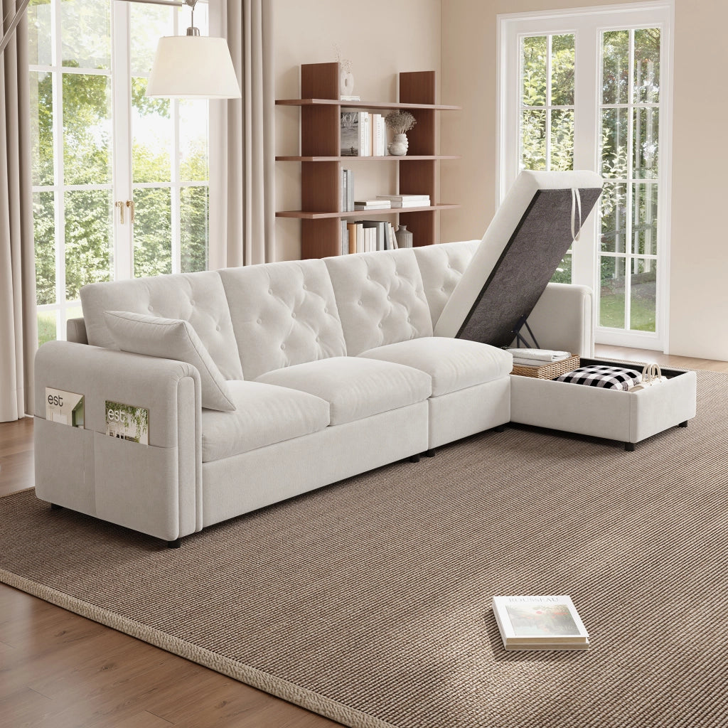 Divano angolare in velluto con funzione letto, contenitore laterale e chaise longue reversibile, beige, 281¡Á132¡Á86 cm