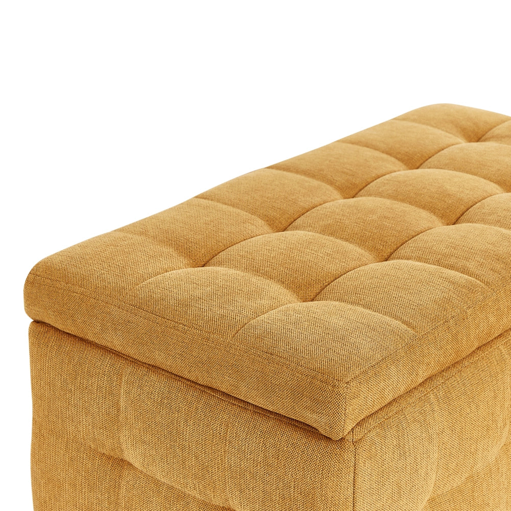 Pouf contenitore in tessuto giallo con coperchio trapuntato camera da letto