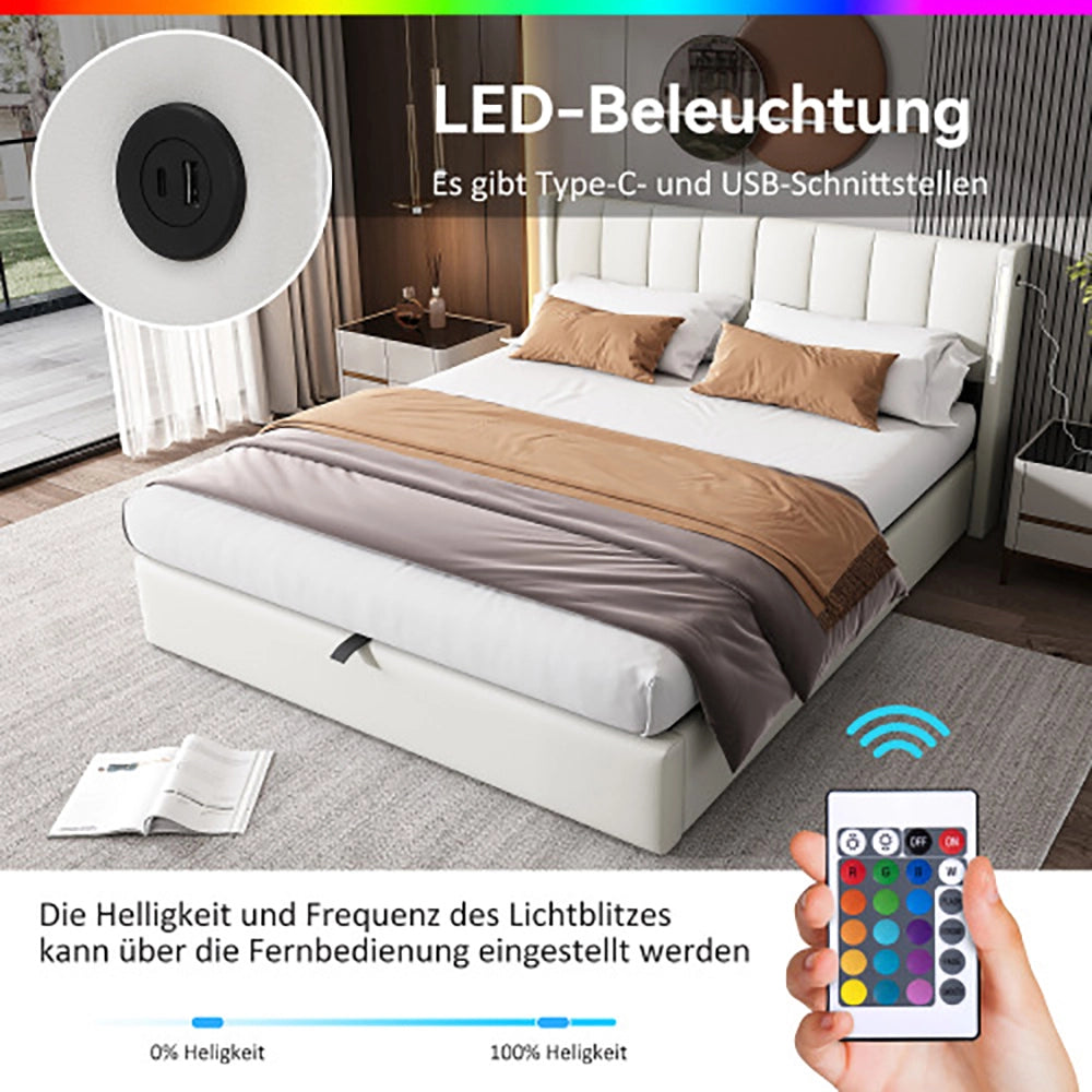 Letto imbottito LED idraulico - Xylo - 160x200 cm - Bianco - USB ricaricabile, testiera regolabile