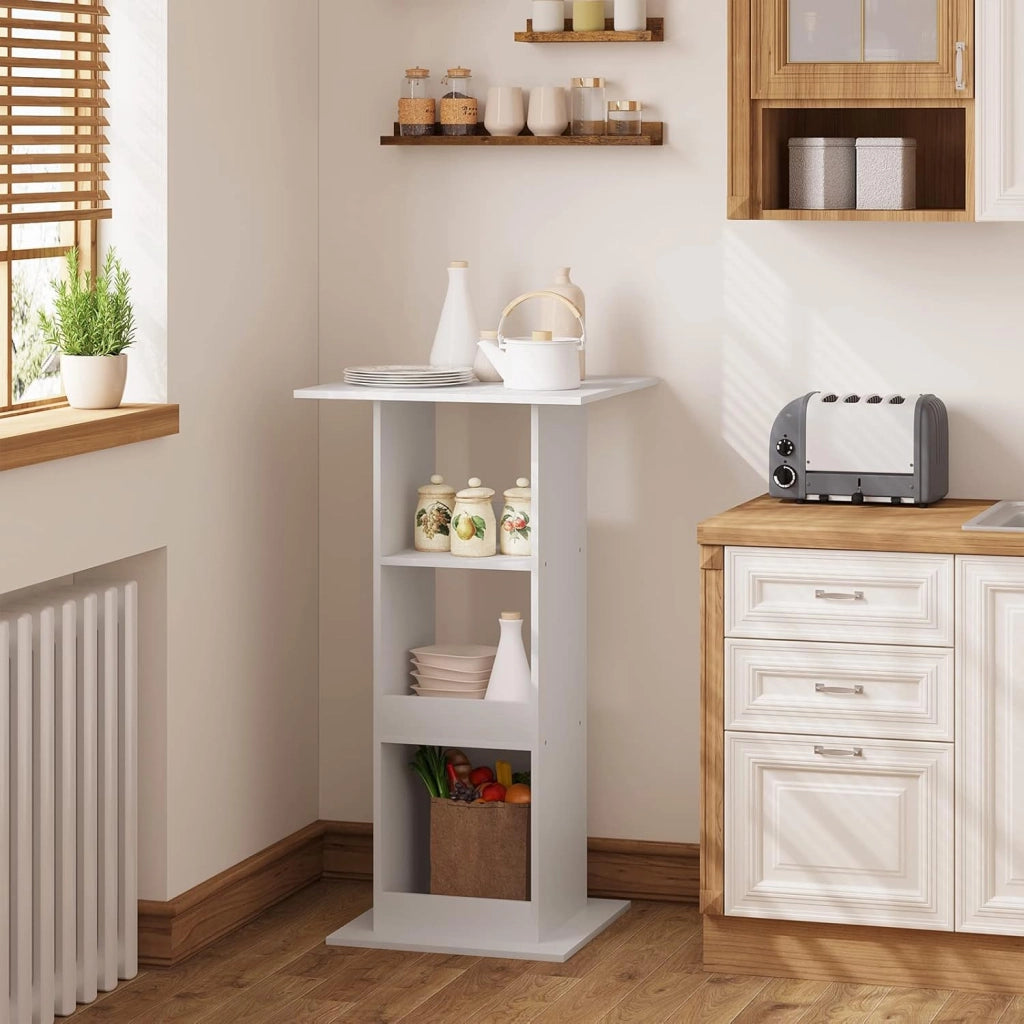 Tavolo da Bar Quadrato, Tavolino Alto e Stretto con 3 Ripiani, Tavolo Alto Cucina, Sala da Pranzo, Bistrot, in Truciolare, 60x60x109 cm, Bianco