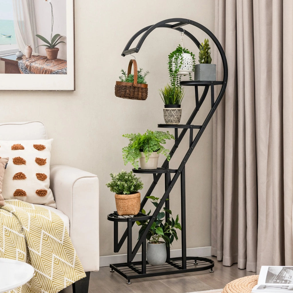 Set di 2 Scaffali per piante in metallo a 5 livelli, Porta piante a forma di cuore con gancio per soggiorno Nero-Scaffali per piante