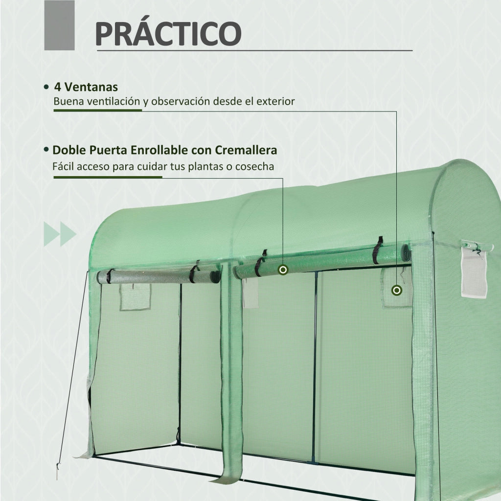 Serra da Giardino ¨C Xylo ¨C 300x100x200 cm Acciaio e PE 140g/©O Verde con 4 Finestre 2 Porte