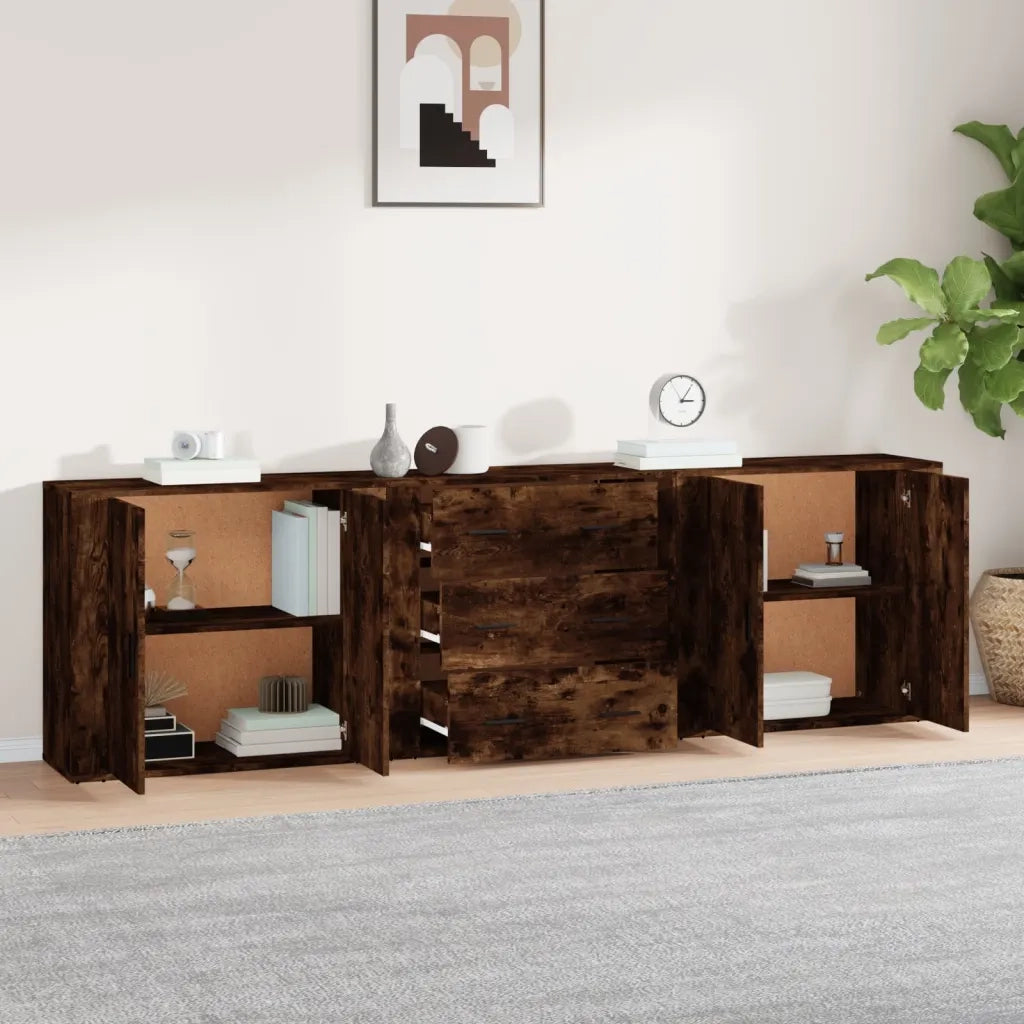 Credenze 3 pz | Madia | Buffet da pranzo | Armadio da pranzo Rovere Fumo in Legno Multistrato