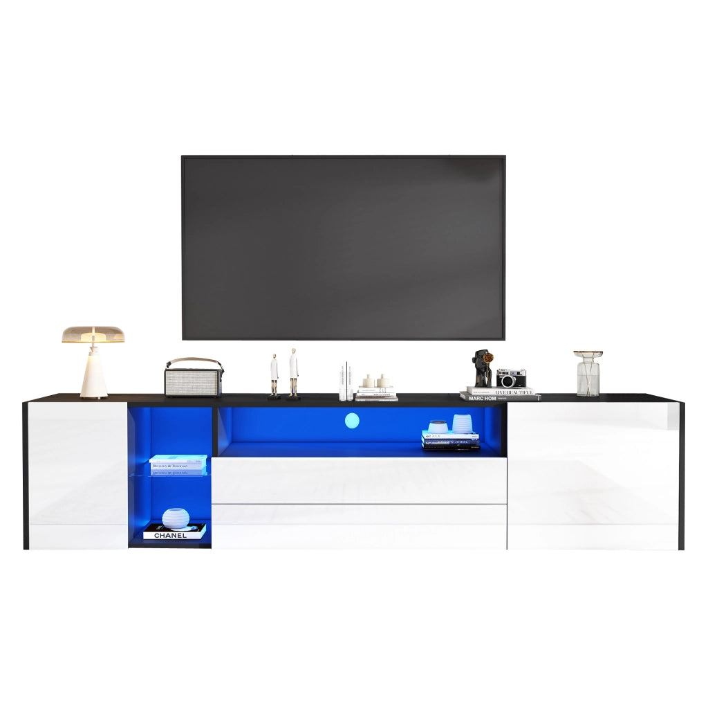 Mobile TV ULEVR 180x40x45 cm con LED controllabile via app, 2 cassetti e 2 vani chiusi, bianco e nero
