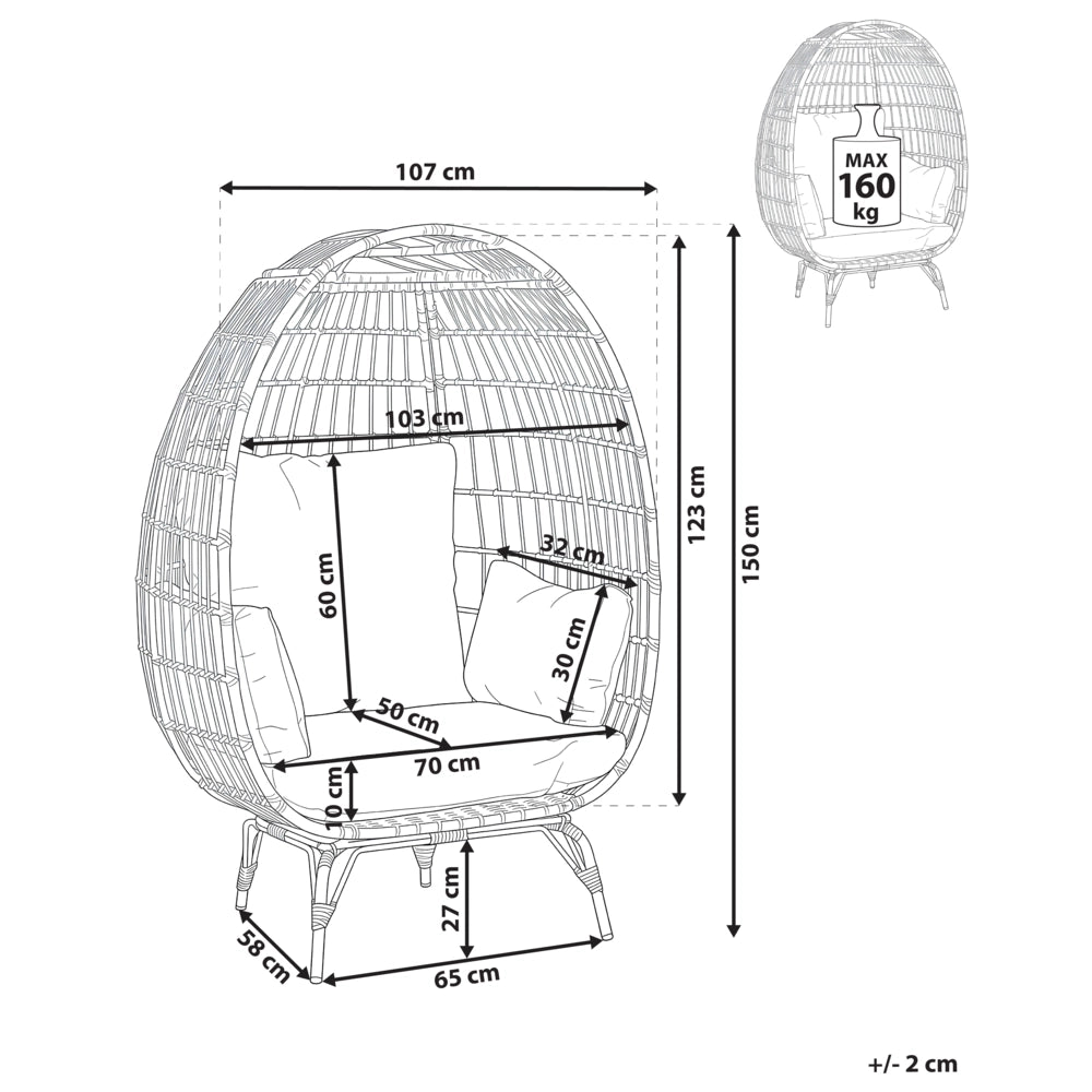 Poltrona da Giardino Boho in Rattan Naturale con Cuscini a Forma di Uovo Beige