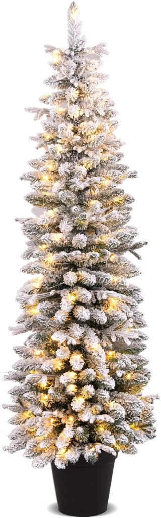 Albero di Natale Slim Pre-illuminato 150/180 CM, Albero di Natale Innevato con 120/140 Luci LED Bianche Calde, 249/334 Rami e 8 Modalità di Illuminazione e Vaso (180 CM)