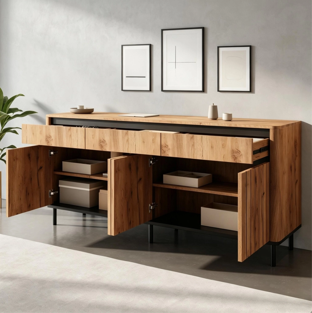 Sideboard moderno 160 x 40 x 73 cm in MDF con 3 cassetti e 3 ante a lamelle
