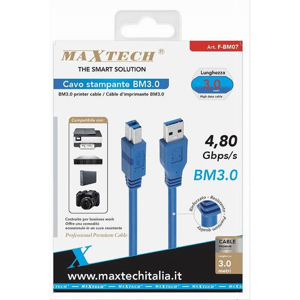 Trade Shop - Cavo Stampante Usb Bm3.0 3 Mt Rinforzato Resistente 4,80gbps/s Fotocamera F-bm07 -