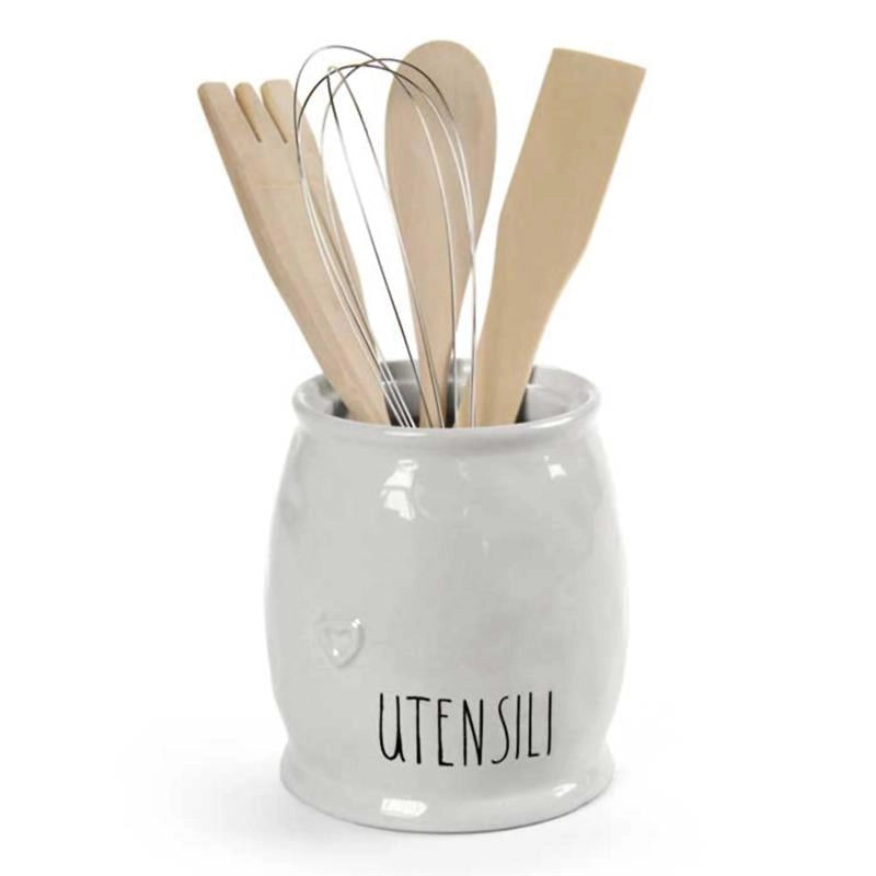 PORTA UTENSILI IN CERAMICA BIANCO CON DECORAZIONE CUORE 11X13CM