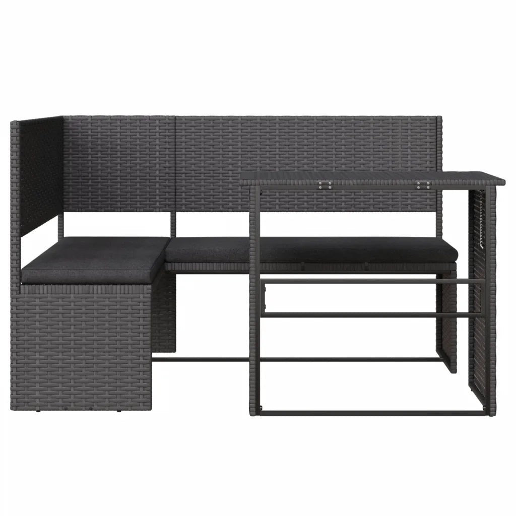 Divano da Giardino con Tavolo e Cuscini a L Nero in Polyrattan 362347