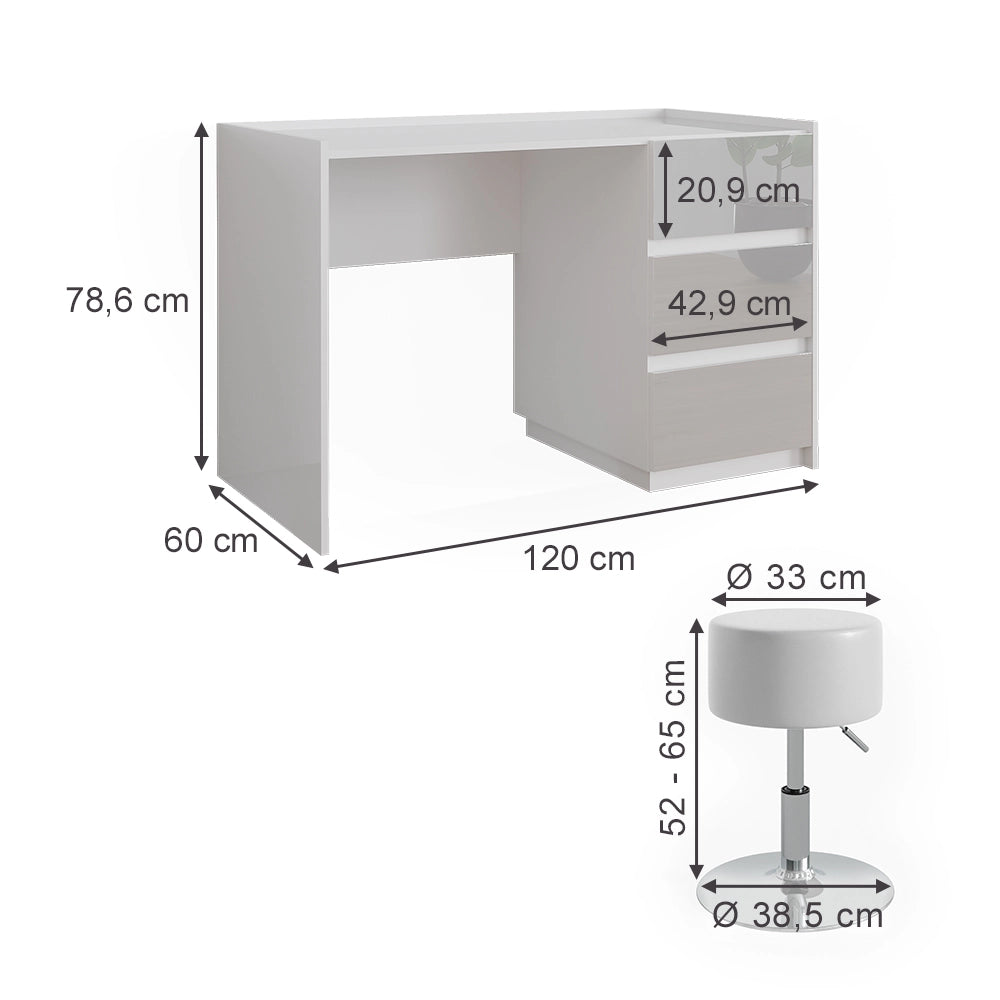 Vicco Tavolino da toilette Bianco lucido 120 cm con sgabello