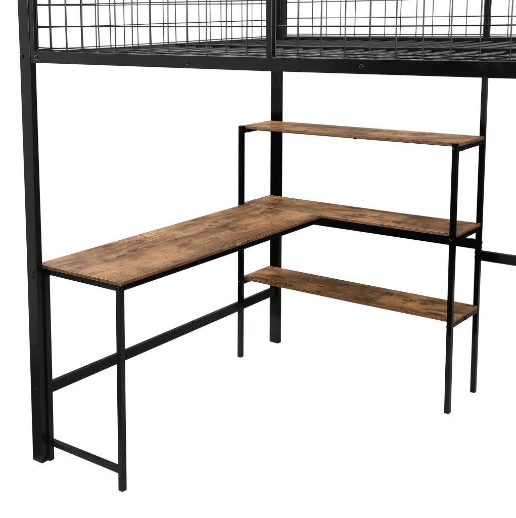 Letto a soppalco 140x200 cm con scrivania, ripiani e armadio integrati