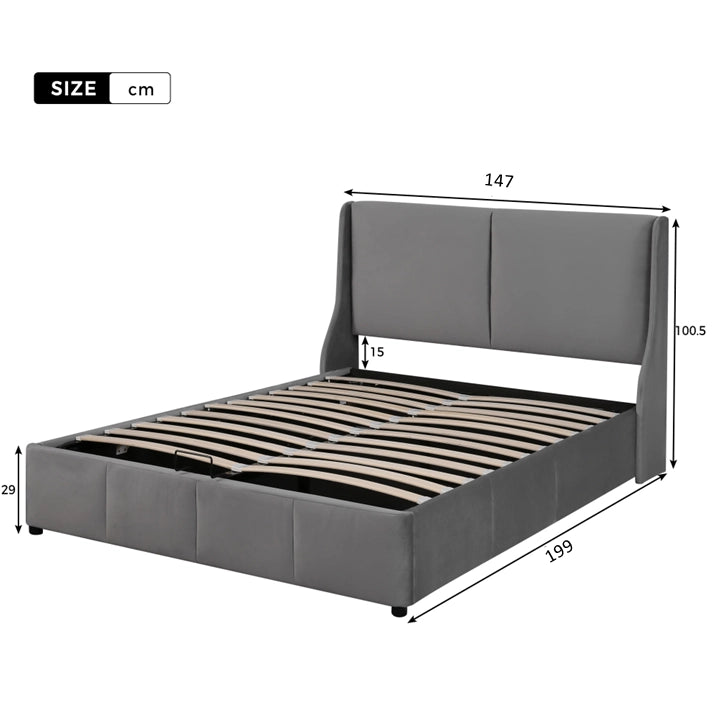 Letto matrimoniale con contenitore e testiera a orecchie 140x190 cm in velluto grigio