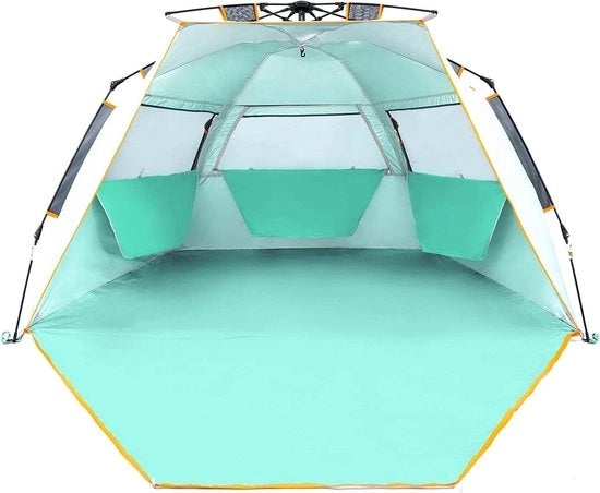Tenda da Spiaggia per 3-4 Persone con Struttura Facile da Assemblare, Veranda Estesa e Cerniera a Slitta, UPF 50+, Colore Mint Verde.