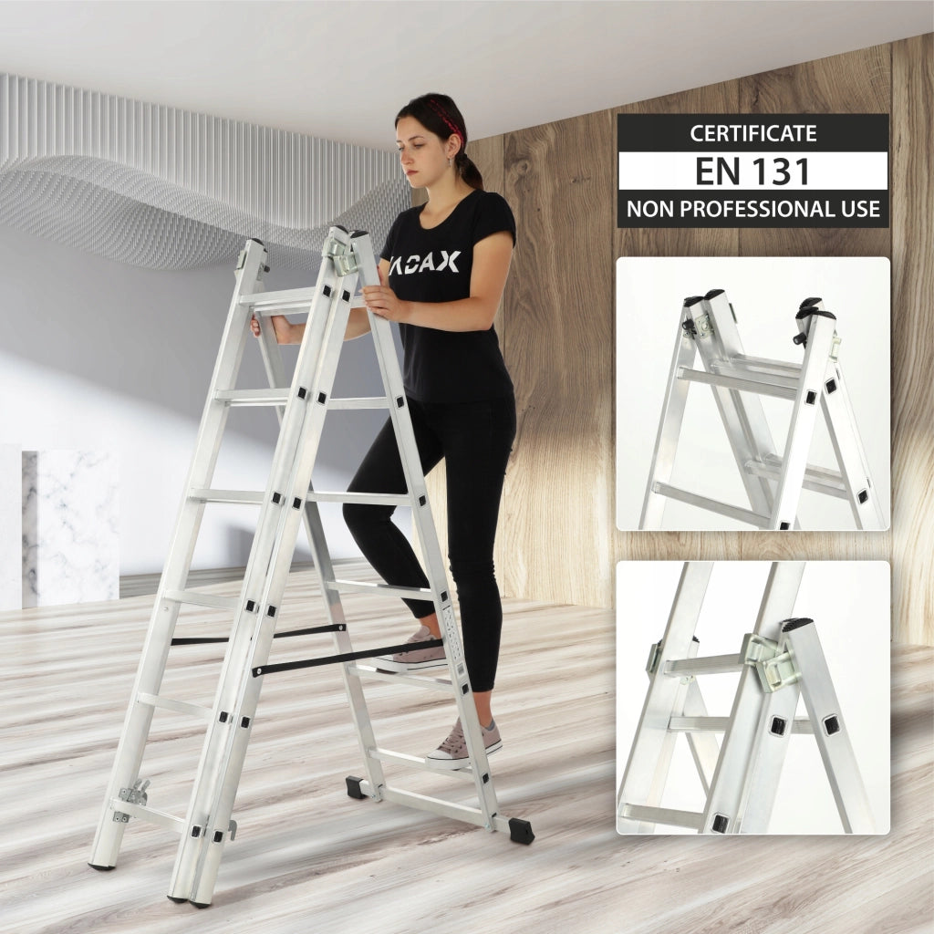 Scala universale in alluminio KADAX 3x6 pieghevole a doppia faccia, robusta + gancio