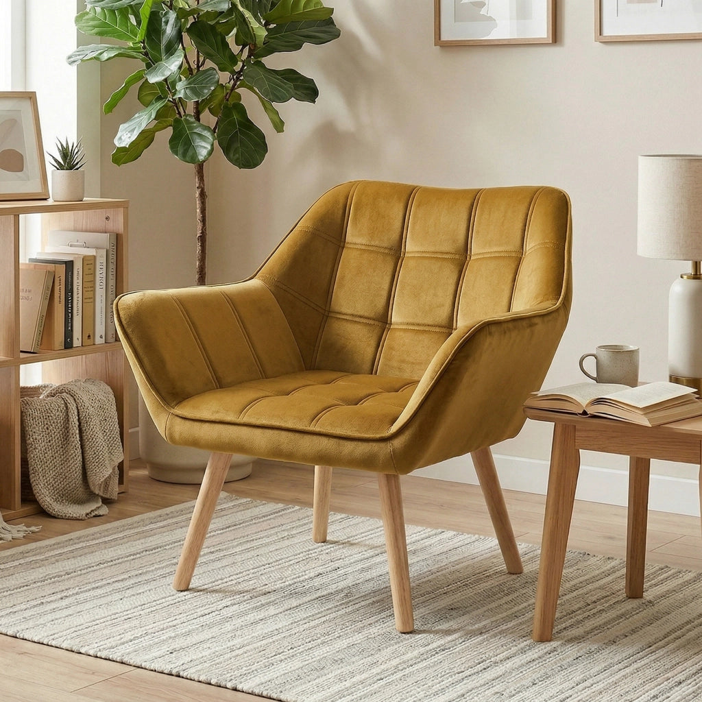 Poltrona in velluto giallo ¨C Xylo ¨C Design scandinavo con gambe in legno, capacit¨¤ 120 kg