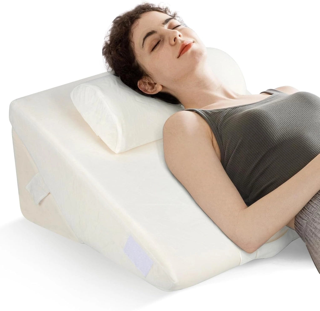 Set di 3 Cuscini a Cuneo per Letto, Cuscino Inclinabile Regolabile con Schiuma Memory Air, Set di Cuscini Alleviare il Dolore alla Schiena Collo e alle Gambe (Bianco)