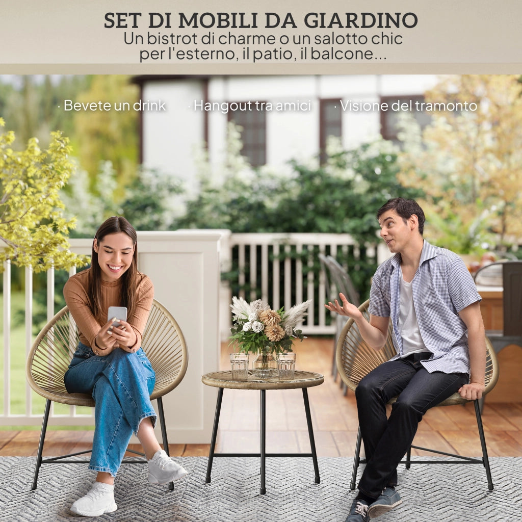 Set Giardino 3 Pezzi in Rattan e Acciaio con Sedie e Tavolino ¨C Zephmum ¨C Nero e Legno
