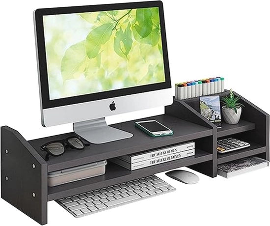 Supporto per Monitor e Organizzatore per Ufficio - Elevatore per Monitor in Legno (Nero)