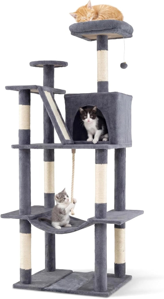 Albero per Gatti Alto 158 cm, Albero Tiragraffi con Trespolo di Peluche, Grotta, Amaca, Tiragraffi in Sisal, Rampa, Corda Appesa e Pallina Pendenti, Centro Attività per Gattini (Grigio Chiaro)