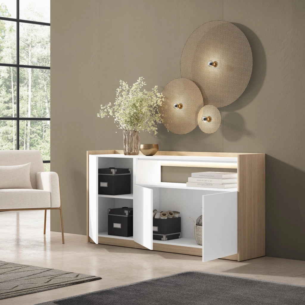 Credenza, Mobile, Cucina, 156x80x37 cm, 3 Porte, LED, Bianco e Rovere soft