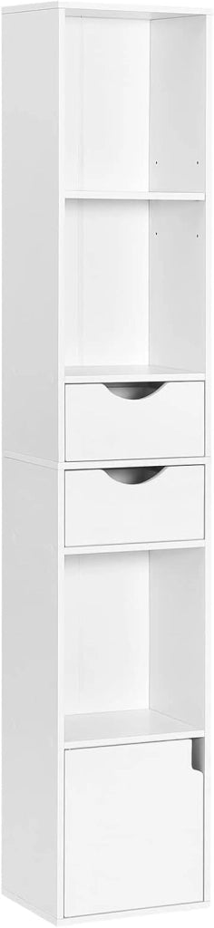 Libreria Verticale, in Legno, con 3 Vani Aperti, 2 Cassetti e 1 Armadietto, Mobile Portaoggetti da Terra con Ripiano Regolabile, Bianco, 30x24x158cm