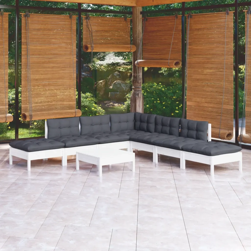 Set Divani da Giardino 8 pz con Cuscini Bianchi Legno di Pino 3096329