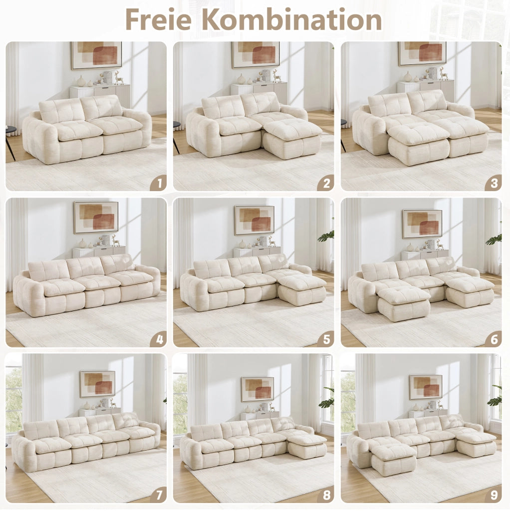 Divano modulare angolare in chenille beige 334x160x68 cm con pouf; senza montaggio