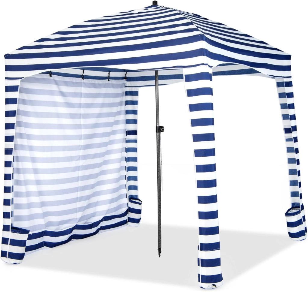 Tenda da Spiaggia Pieghevole, Tenda da Mare con Parete Laterale Rimovibile e Borsa Portatile, Regolabile in Altezza, per Spiaggia, Campeggio e Picnic (Blu Scuro+Bianco, 185 x 185 cm)