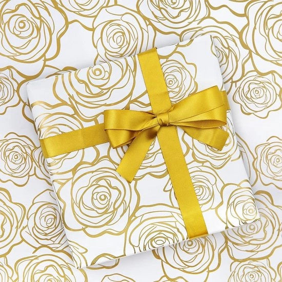 Papier per Cadeau con Disegno di Rose d'Oro - Carta per Regali Bianca - 6 Fogli - Qualità Premium