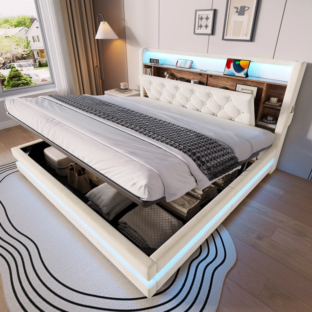 LETTO Contenitore 180x200 cm in velluto Beige con testiera multifunzione