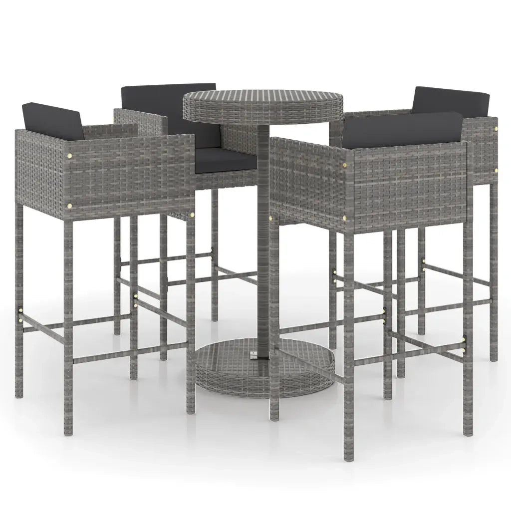 Set da Bar da Giardino 5 pz | Set Salotto da Giardino con Cuscini in Polyrattan Grigio
