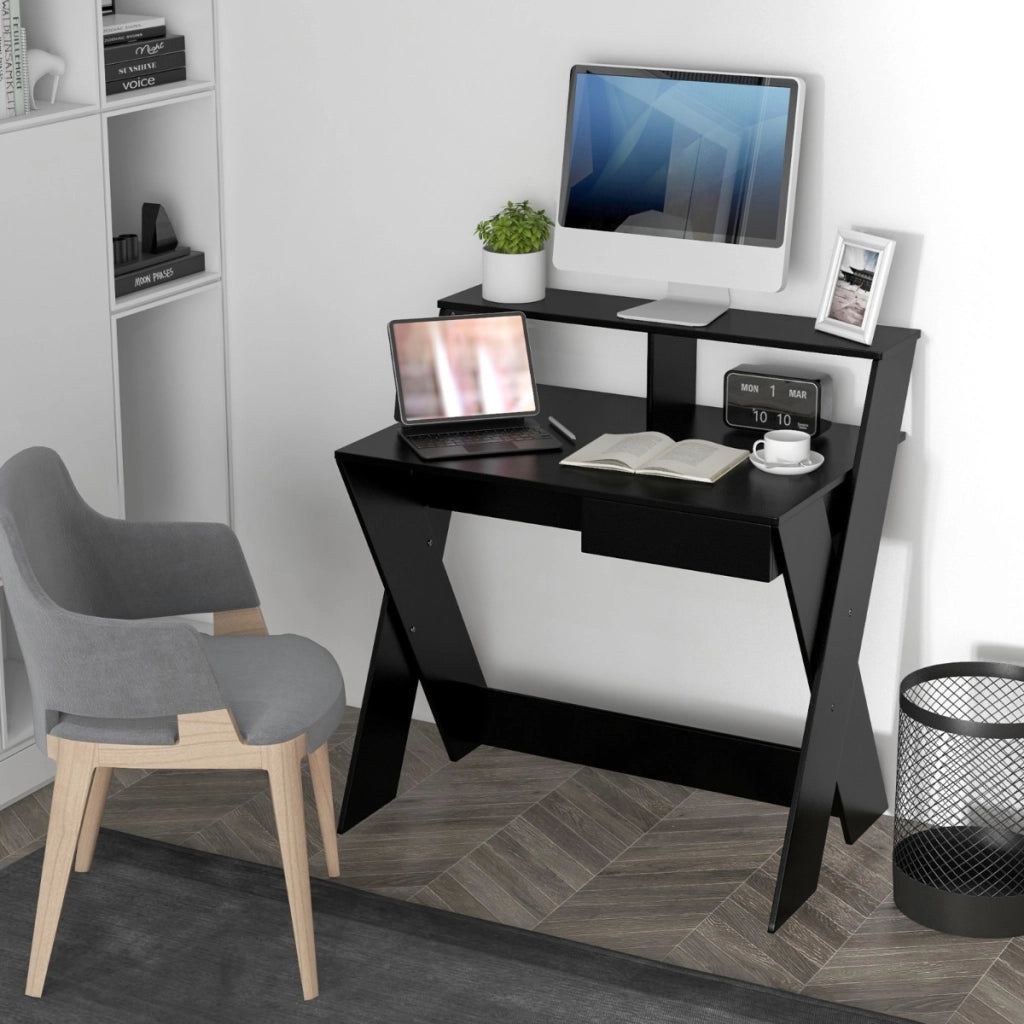 Scrivania per computer con cassetto portaoggetti e supporto per monitor, Tavolo da studio per casa e ufficio Nero-Scrivanie