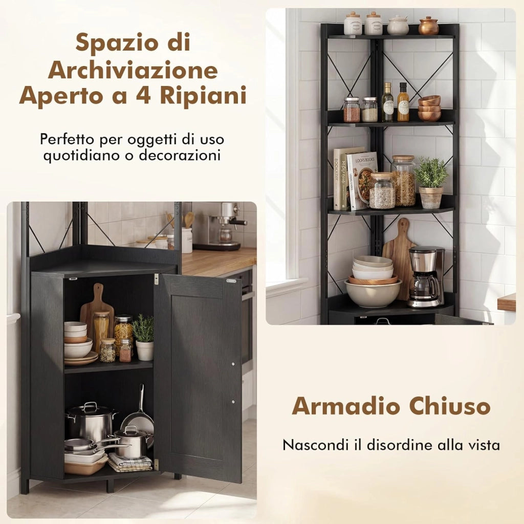 Libreria a 5 Ripiani, Mensola ad Angolo con Spazio di Archiviazione, Armadio ad Angolo con Paraspigoli Anticaduta, Autoportante, con 2 Kit Antiribaltamento, 38 x 38 x 180 cm (Nero)