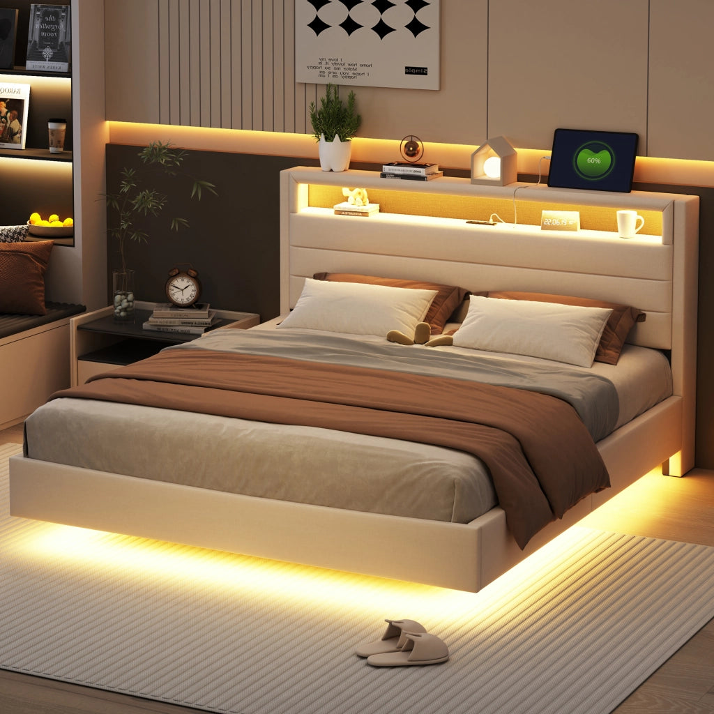 OKWISH Letto Imbottito 160×200 cm, Letto Matrimoniale con Presa USB, LED Regolabile e Testiera Reversibile, senza Materasso, Beige