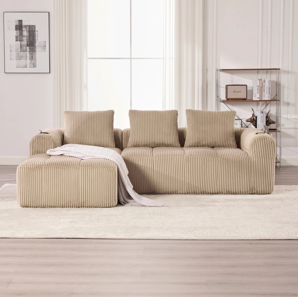 Divano compatto modulare in corduroy khaki 253x158x61 cm; con tasche laterali e portabicchieri