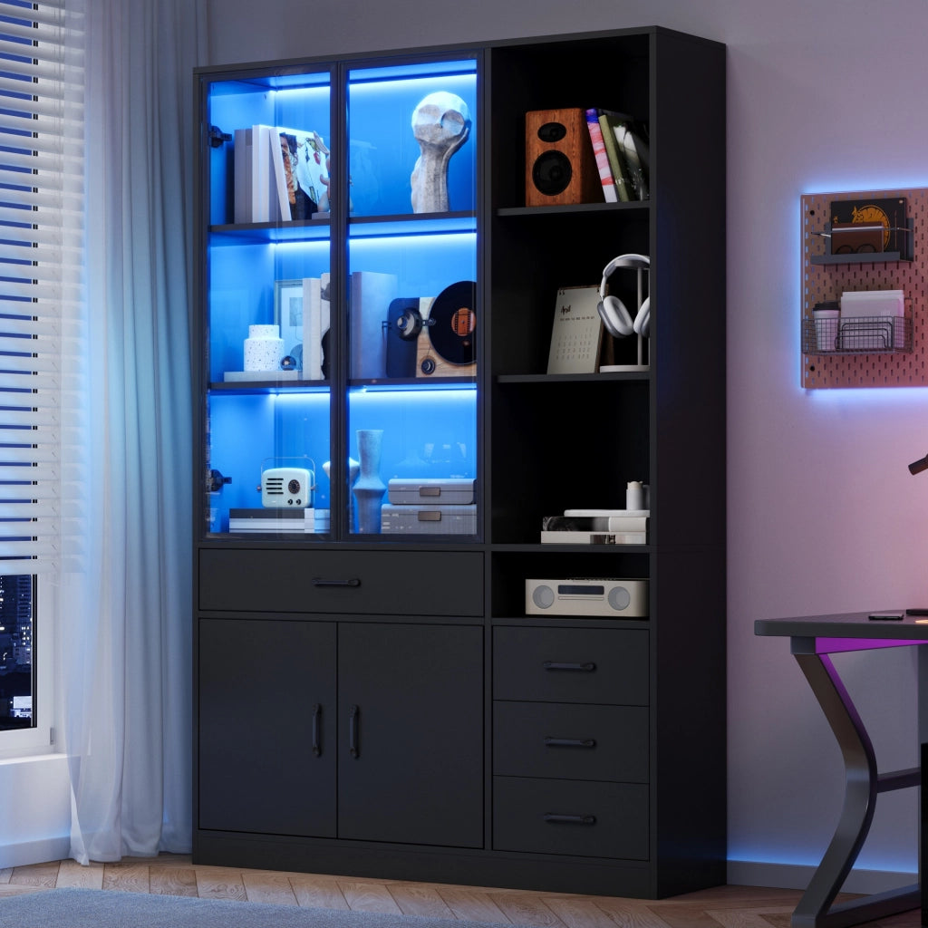 Hochschrank con vetrina in vetro, 120 x 35 x 200 cm, con 4 cassetti, 13 vani, LED, colore nero